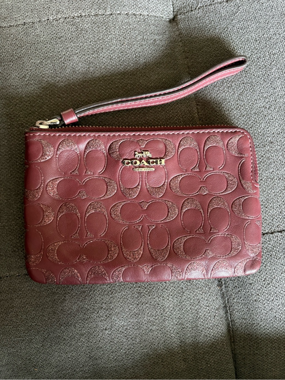 Coach Y2K Burgundy Glitter Signature C Embossed Wristlet